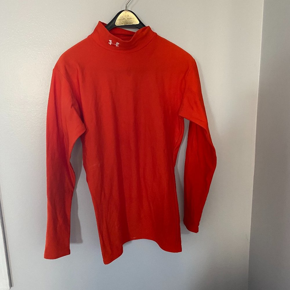 Under Armour Mens Cold Gear Mock Neck Compression Base Layer Shirt Orange RARE